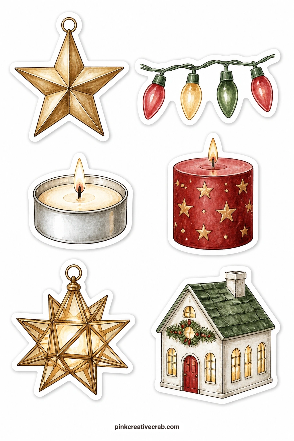 Stars and Lights Stickers printable page — A brass star, a string of bulbs, a tea light, a starry candle and a little light-up house suit any page about