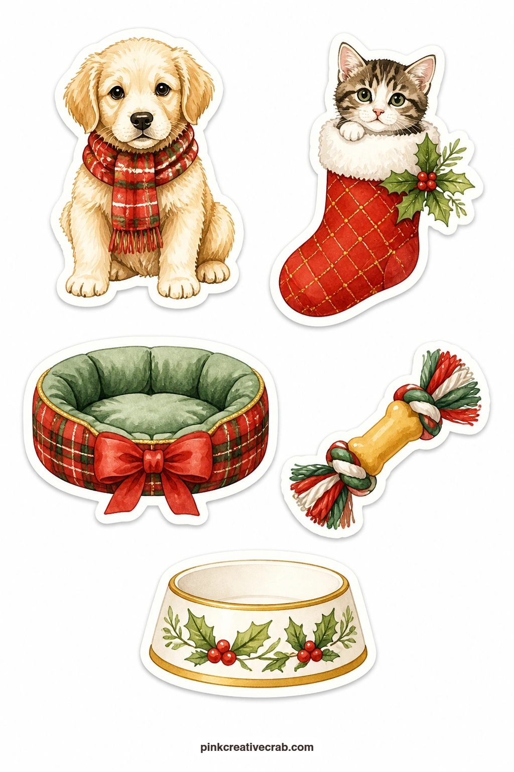 Christmas Pets Stickers printable page — A puppy in a scarf, a kitten in a stocking, a dog bed with a bow, a chew toy and a pet bowl with holly make a soft