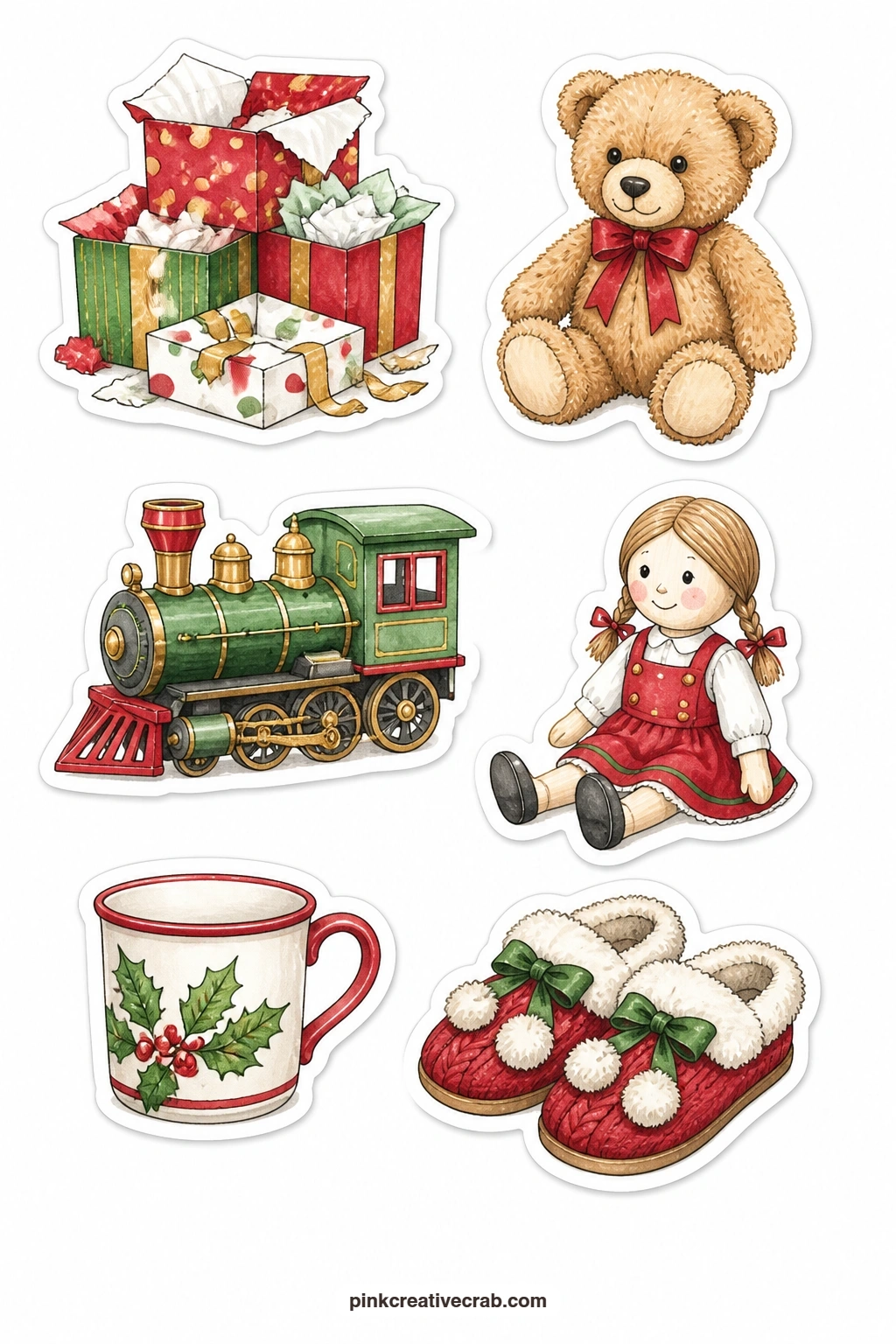 Christmas Morning Stickers printable page — Closing out the set, a stack of opened boxes, a teddy bear, a toy train engine, a wooden doll, a coffee mug and a