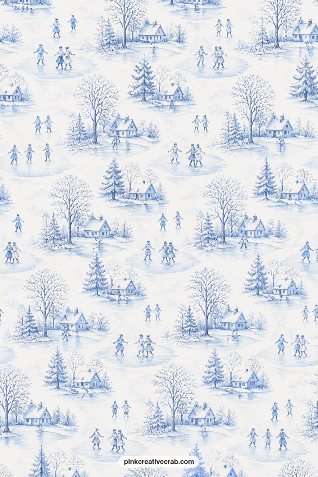Skating Pond Toile Paper printable page — The skaters and frozen pond scene works beautifully as a journal page base under a winter photo, giving the spread a