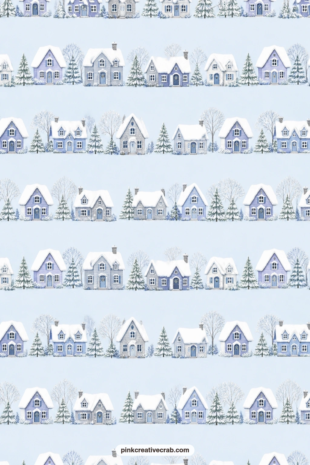 Snow Capped Cottage Row Paper printable page — A row of snow capped cottages makes a charming book cover for a winter journal, or a card mat behind a tiny