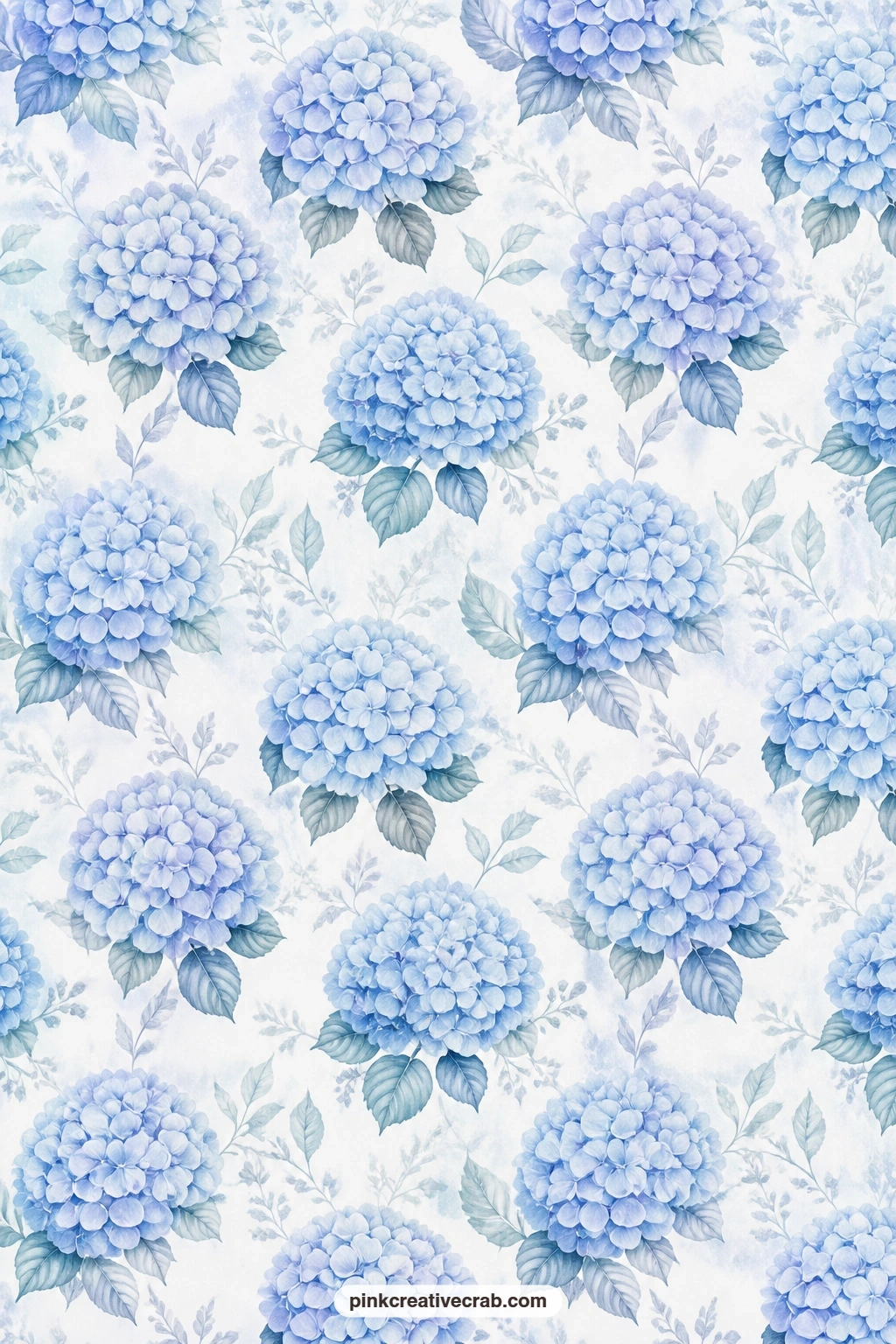 Blue Hydrangea Bloom Paper printable page — Large hydrangea heads make a soft floral base for a gift wrap, bringing a garden feel into an otherwise icy set.
