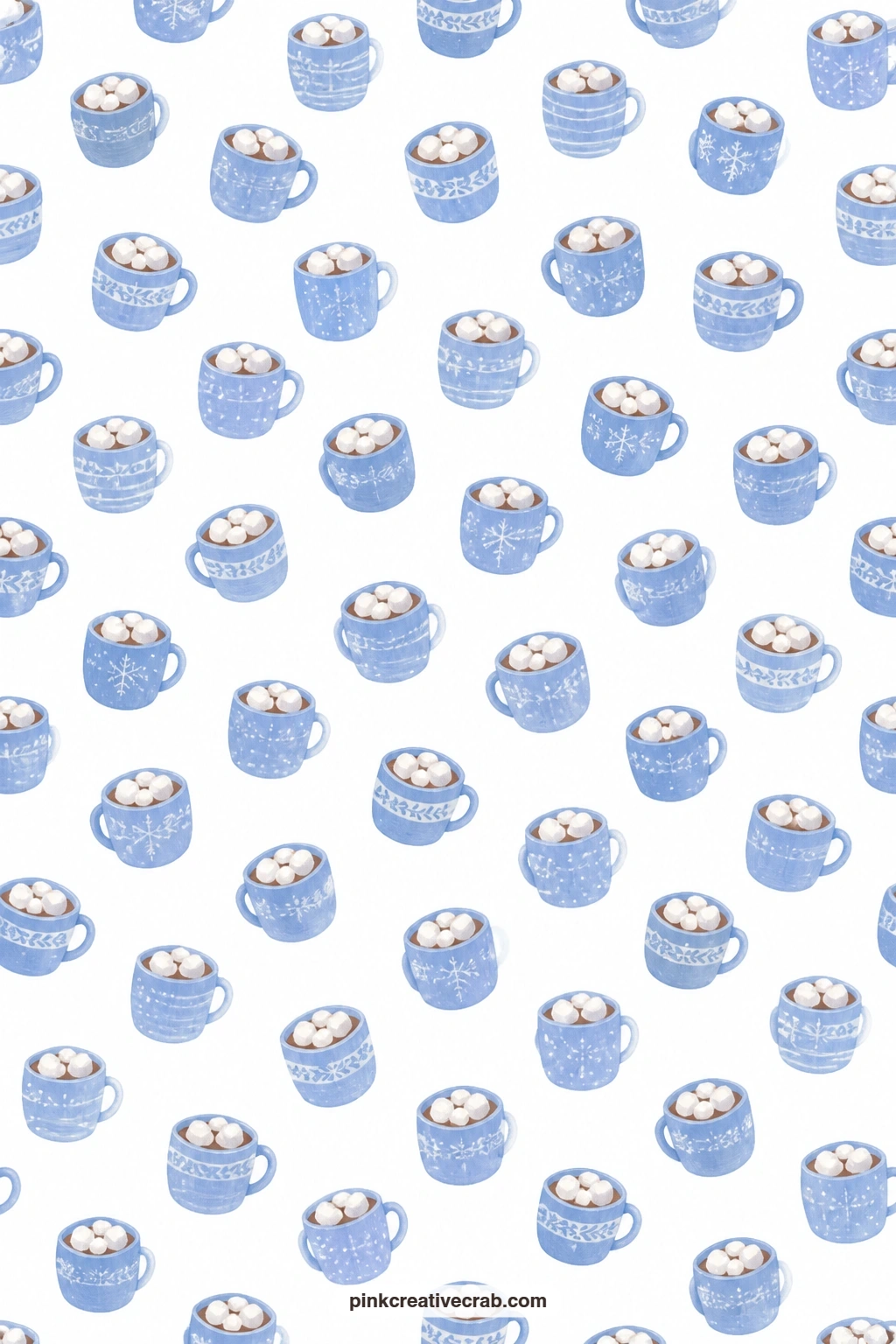 Cocoa Mug Toss Paper printable page — Blue cocoa mugs topped with marshmallows tossed across the sheet make a fun wrapping paper for a hot cocoa gift set or a