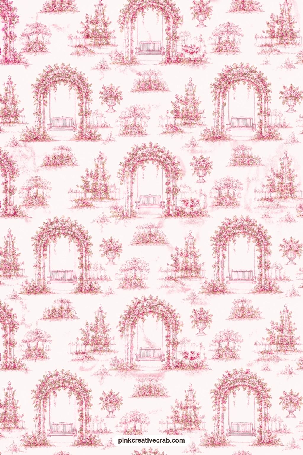 Pink Rose Arbor Toile Paper printable page — A pink rose toile fills the sheet with garden arbors and swings on white, lovely as a folio cover for a spring