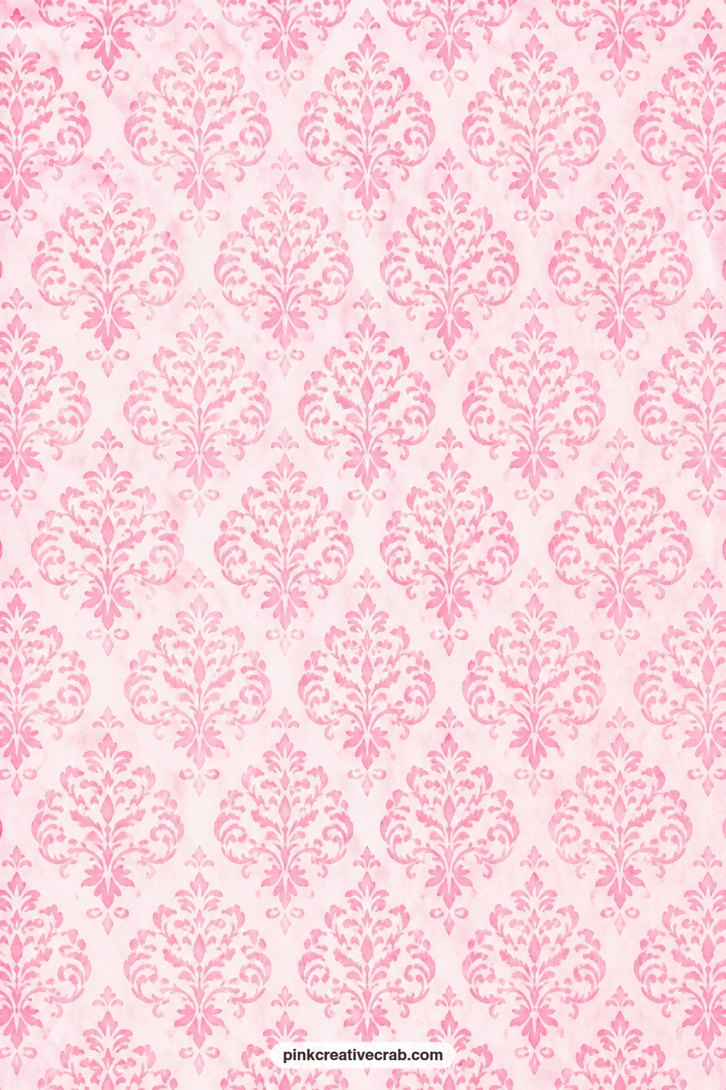 Pink Damask Scroll Paper printable page — Curling scrolls build a pink and white damask across the sheet, a quiet background for a formal card mat behind a