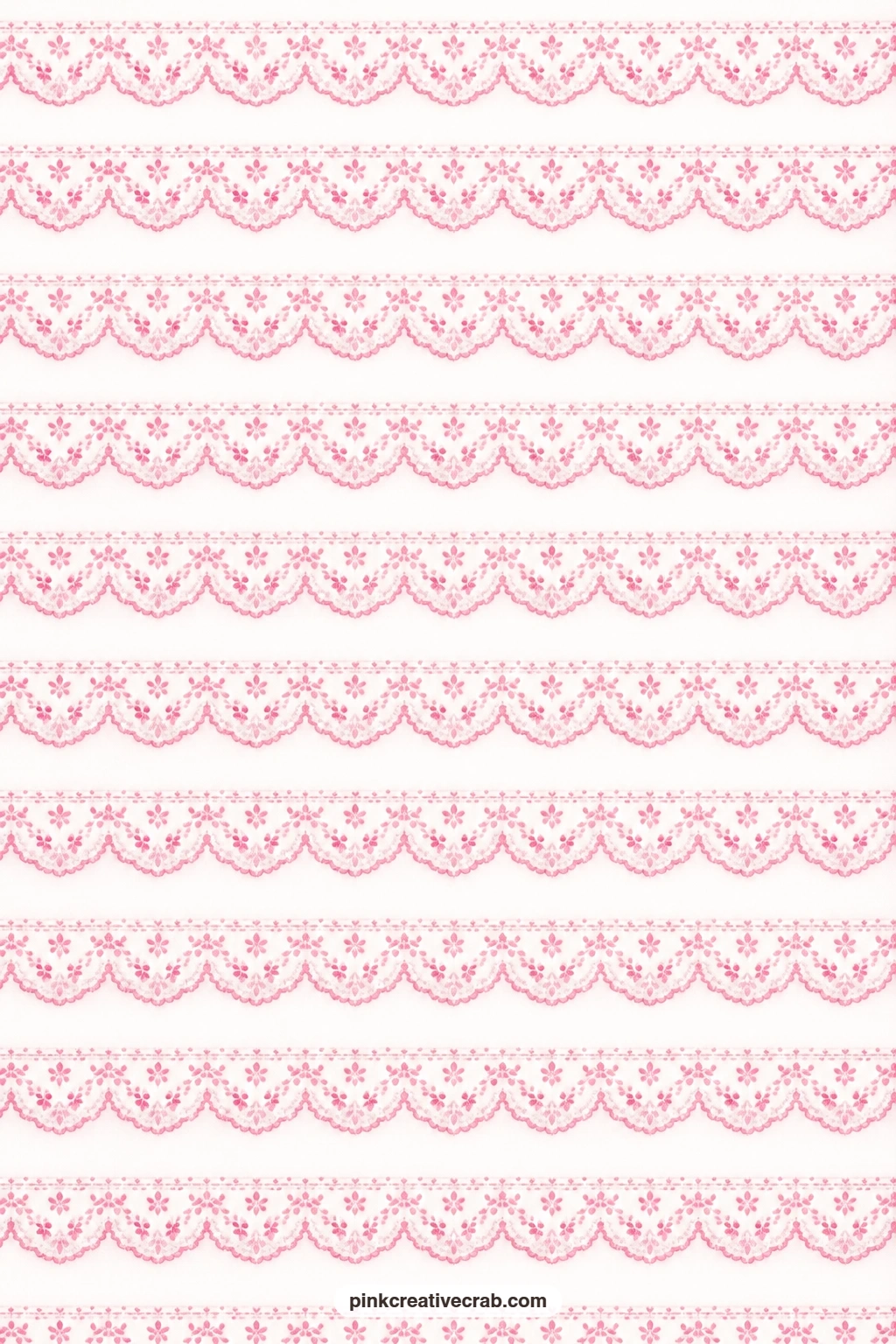 Scalloped Lace Rows Paper printable page — Pink scalloped lace rows repeat down the page on white, delicate enough to line a vintage envelope or back a doily