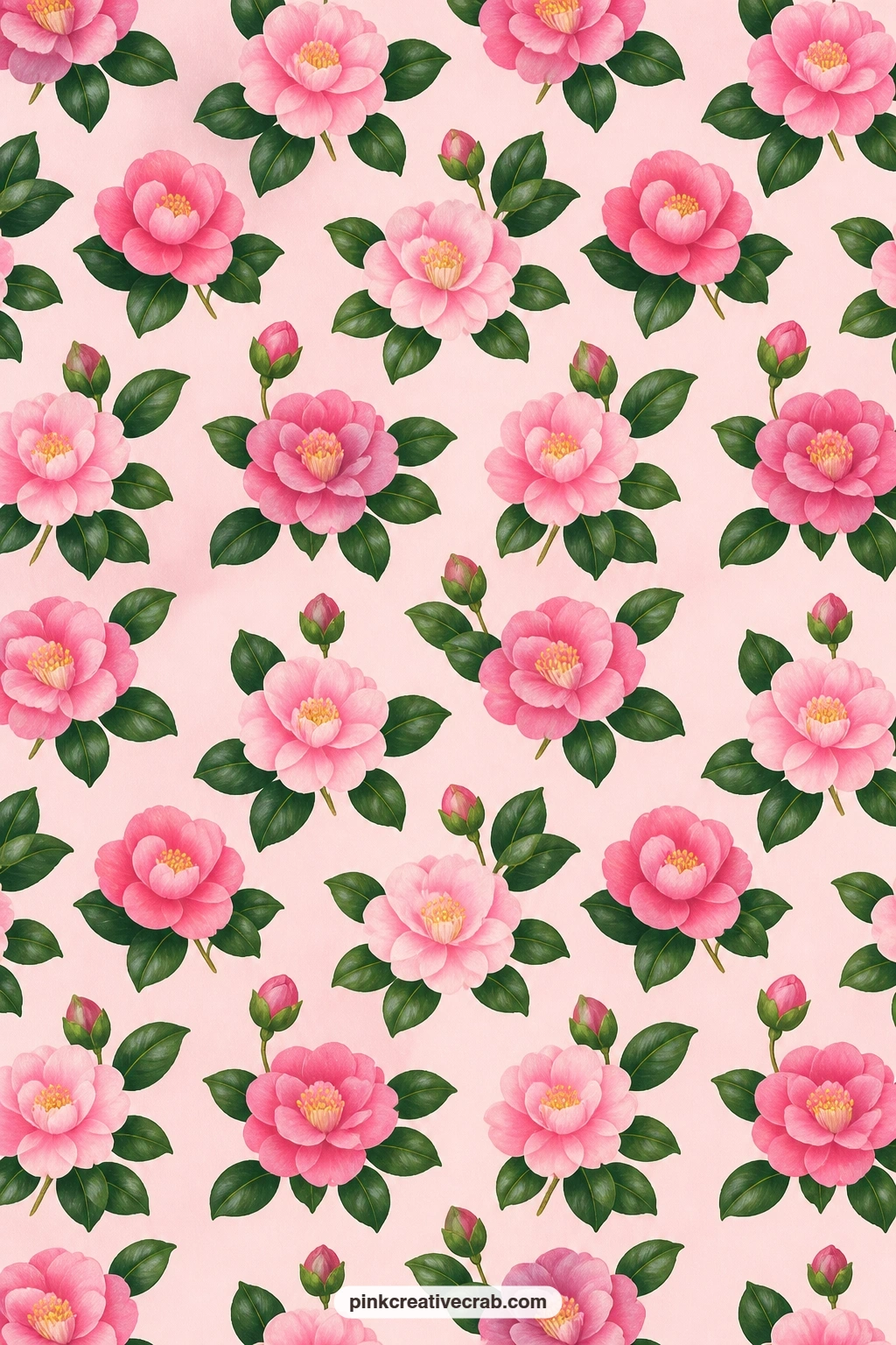 Camellia and Leaf Paper printable page — Pink camellias sit among dark green leaves on a pale blush ground, a rich mat behind a card sentiment or a small