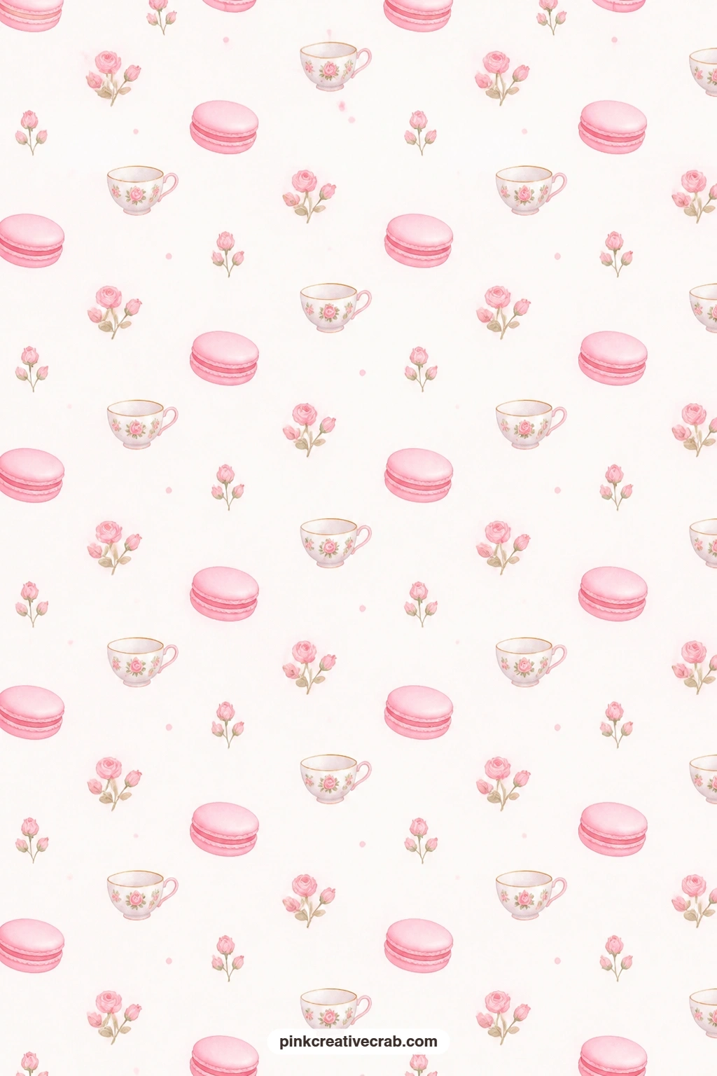 Macaron and Teacup Paper printable page — Pink macarons and teacups scatter as small icons on white, a sweet pocket lining for a tea party journal or a card