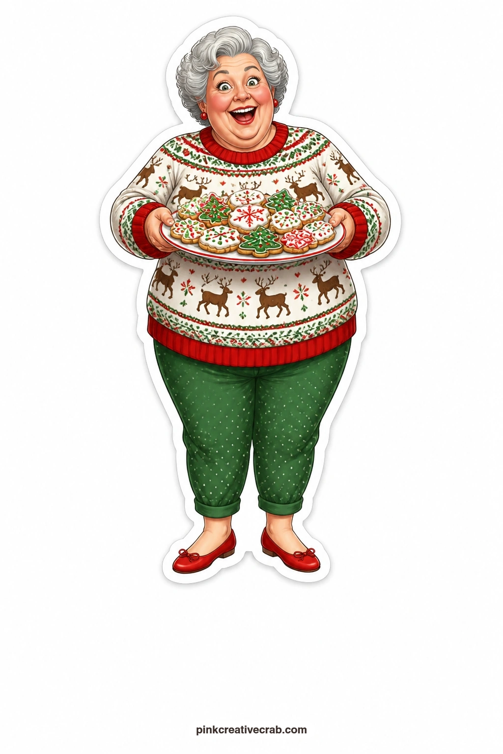 The Cookie Plate Triumph printable page — Round and rosy-cheeked in her reindeer sweater, this lady is overjoyed as she holds up a plate piled high with