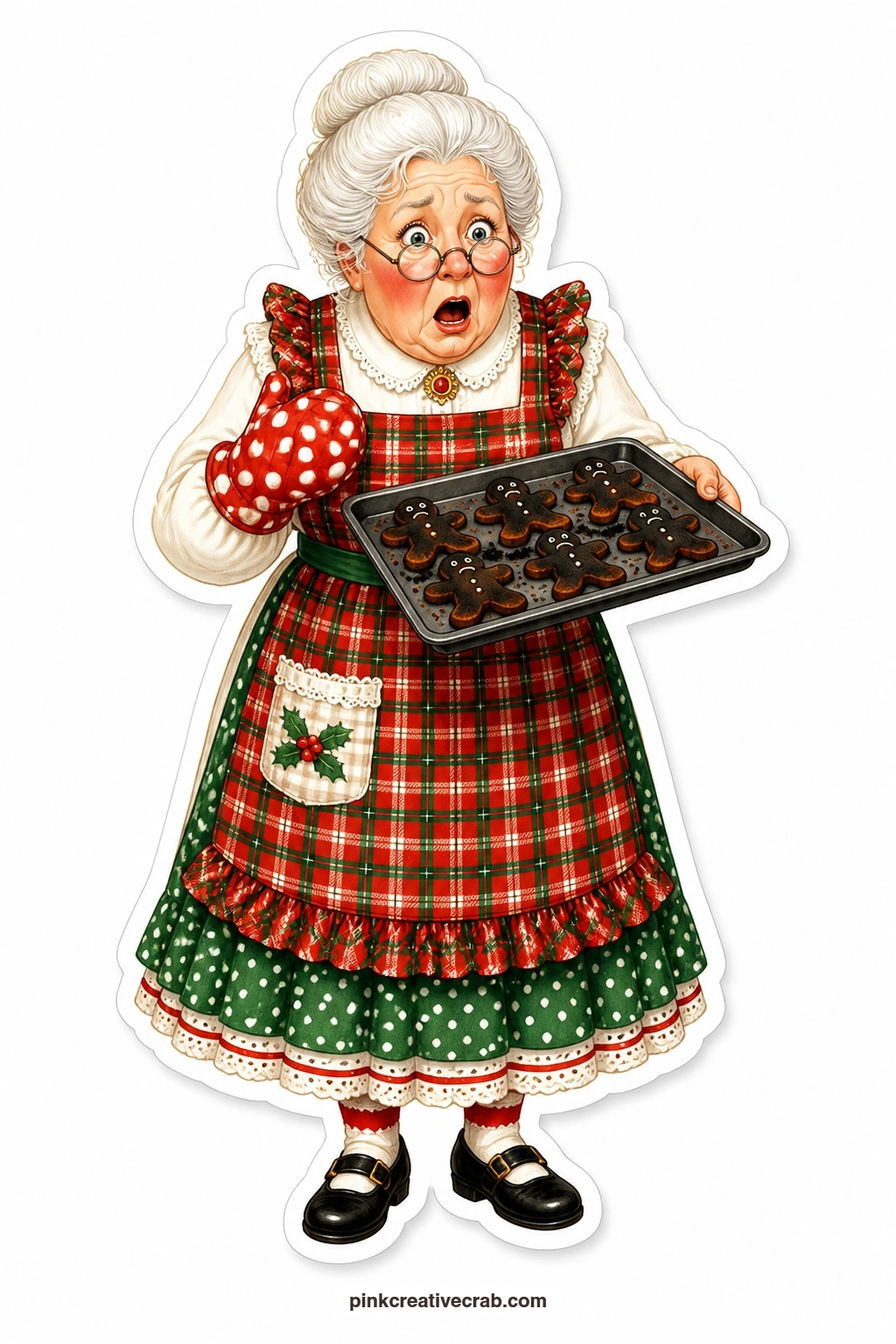 The Burnt Gingerbread Disaster printable page — holding a blackened tray of gingerbread, this flustered lady with a white bun and a plaid apron looks mortified