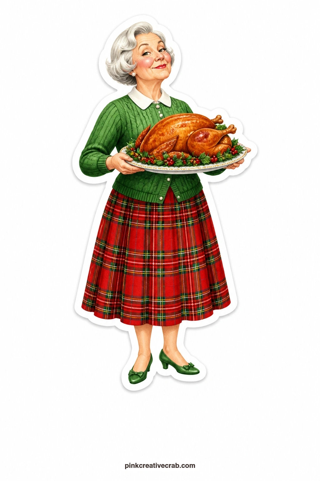 The Perfect Roast Turkey printable page — Smug and satisfied, a woman in a plaid skirt and cardigan carries out a golden, perfectly roasted turkey on a