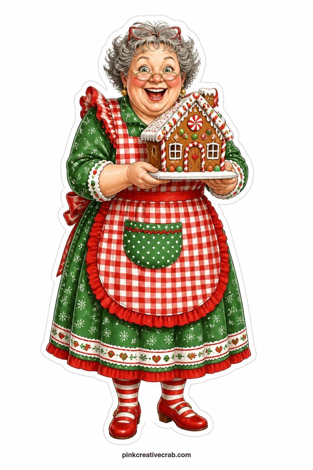 The Gingerbread House Builder printable page — beaming with pride, this lady in a gingham apron holds a finished gingerbread house covered in candy, overjoyed
