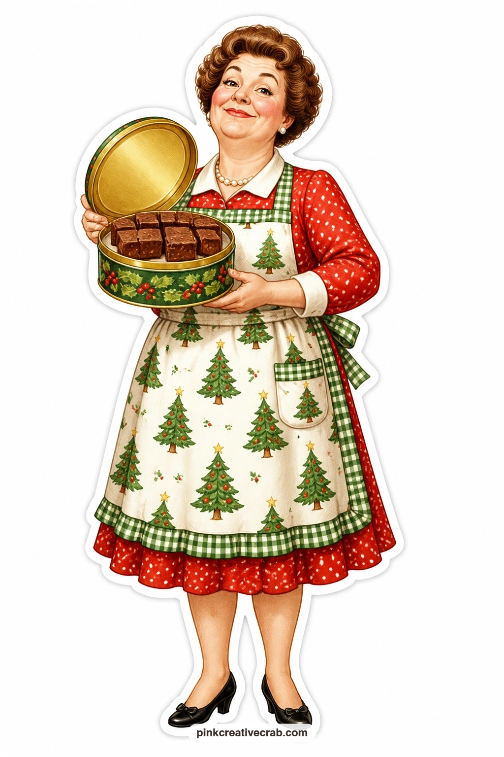The Fudge Tin Pride printable page — proud as can be, a woman in a festive apron holds out an open tin of homemade fudge, cut into neat squares and ready to be