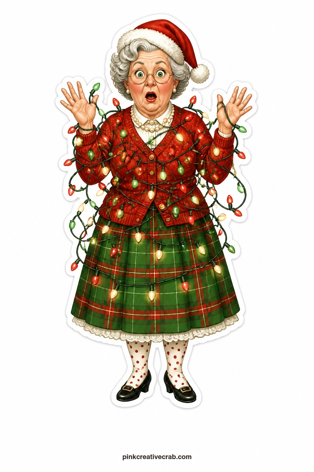 The Tangled Christmas Lights printable page — wrapped head to toe in a string of lit Christmas lights, this shocked lady in a Santa hat and pearls clearly
