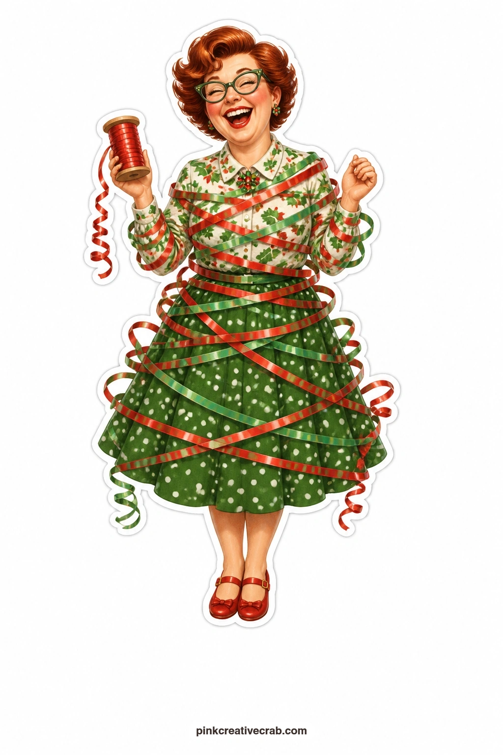 The Curling Ribbon Wind-Up printable page — laughing despite herself, a woman in a holly print blouse has gotten thoroughly wound up in her own spool of