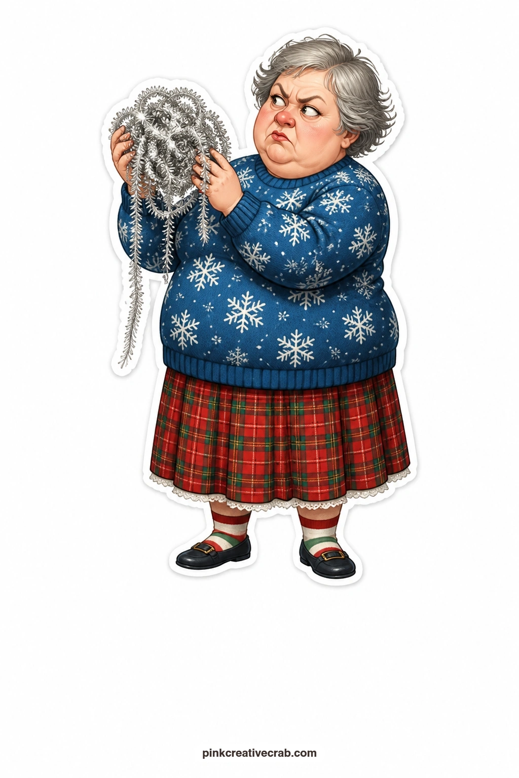 The Tangled Tinsel Knot printable page — grumpy and unimpressed, this lady in a snowflake sweater holds up a hopeless knot of tinsel, clearly done fighting