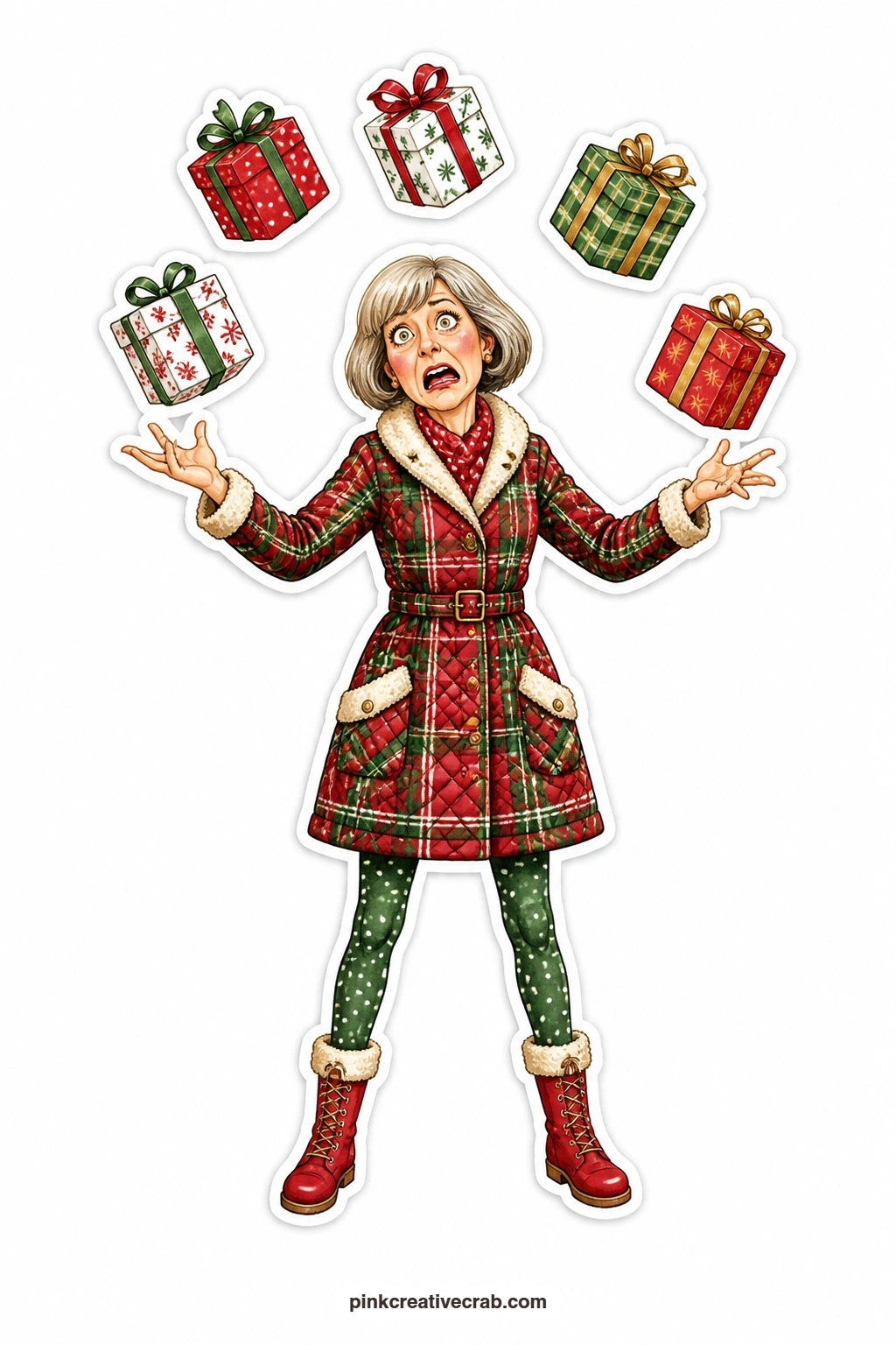 The Five Present Juggle printable page — mid panic in a quilted coat, this lady is juggling five wrapped presents at once, clearly one package away from