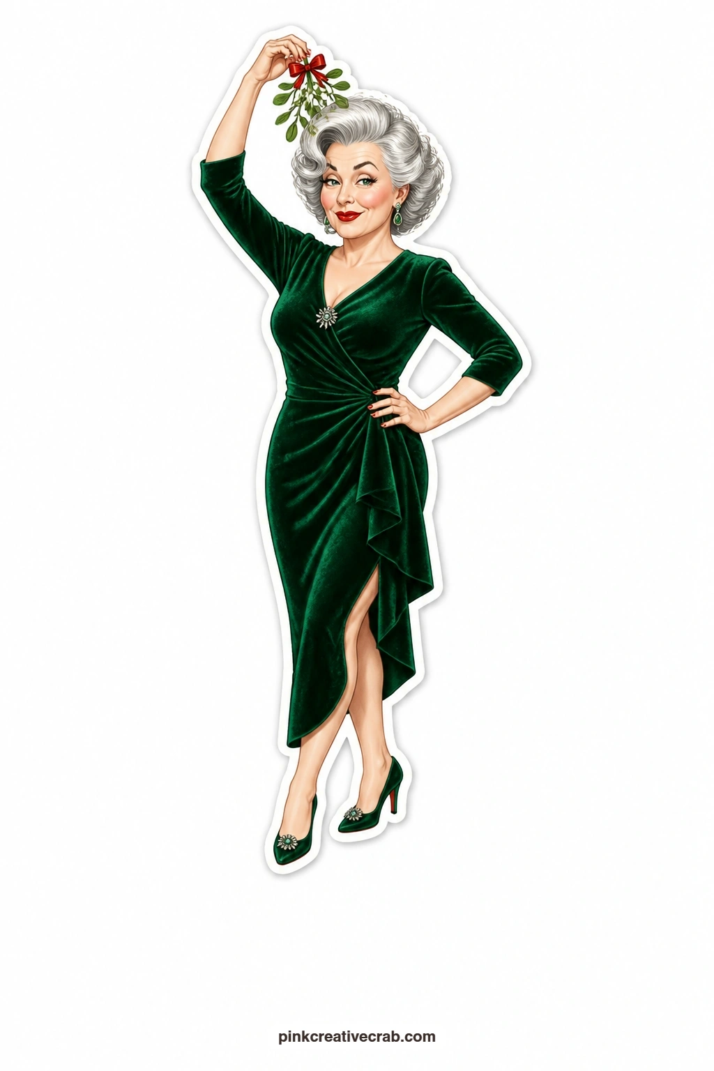 The Mistletoe Tease printable page — sassy and a little wicked, a woman in a velvet dress holds a sprig of mistletoe above her own head, clearly amused by her