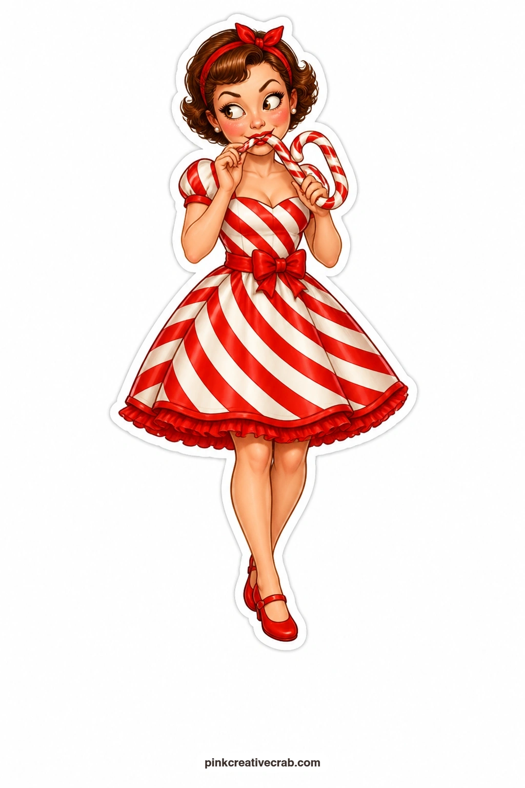 The Candy Cane Sneak printable page — sneaking a nibble from a candy cane she was supposed to be hanging on the tree, this lady in a candy cane striped dress