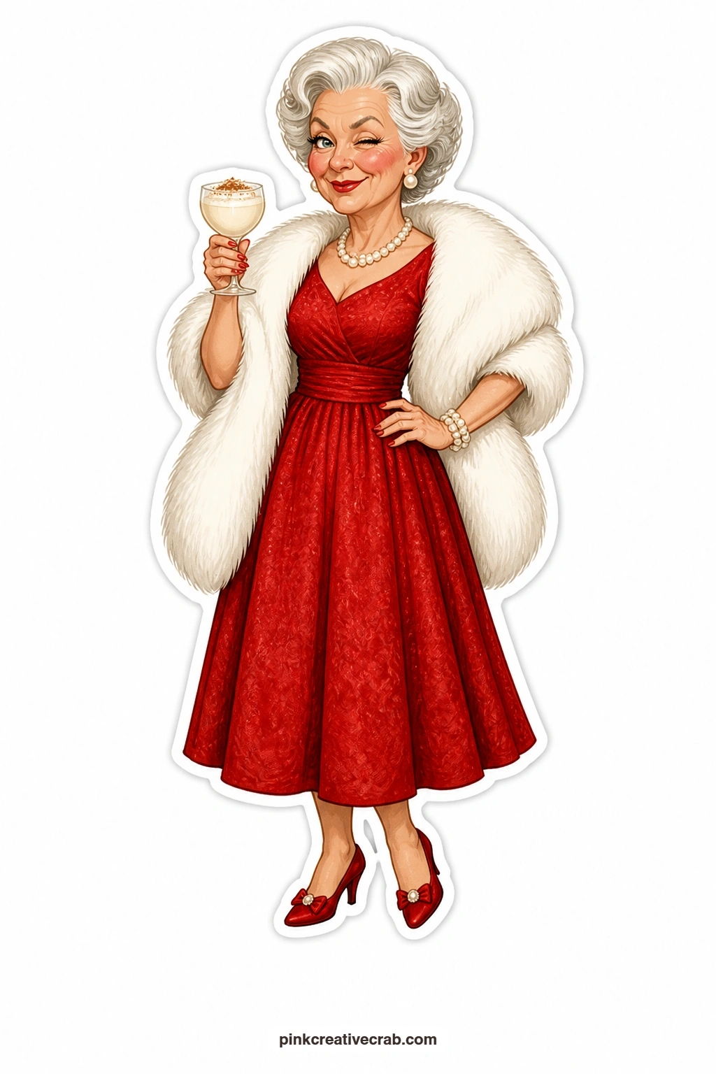 The Eggnog Wink printable page — holding a glass of eggnog with a sassy little smirk, this lady in a fur stole has clearly had one glass more than planned and