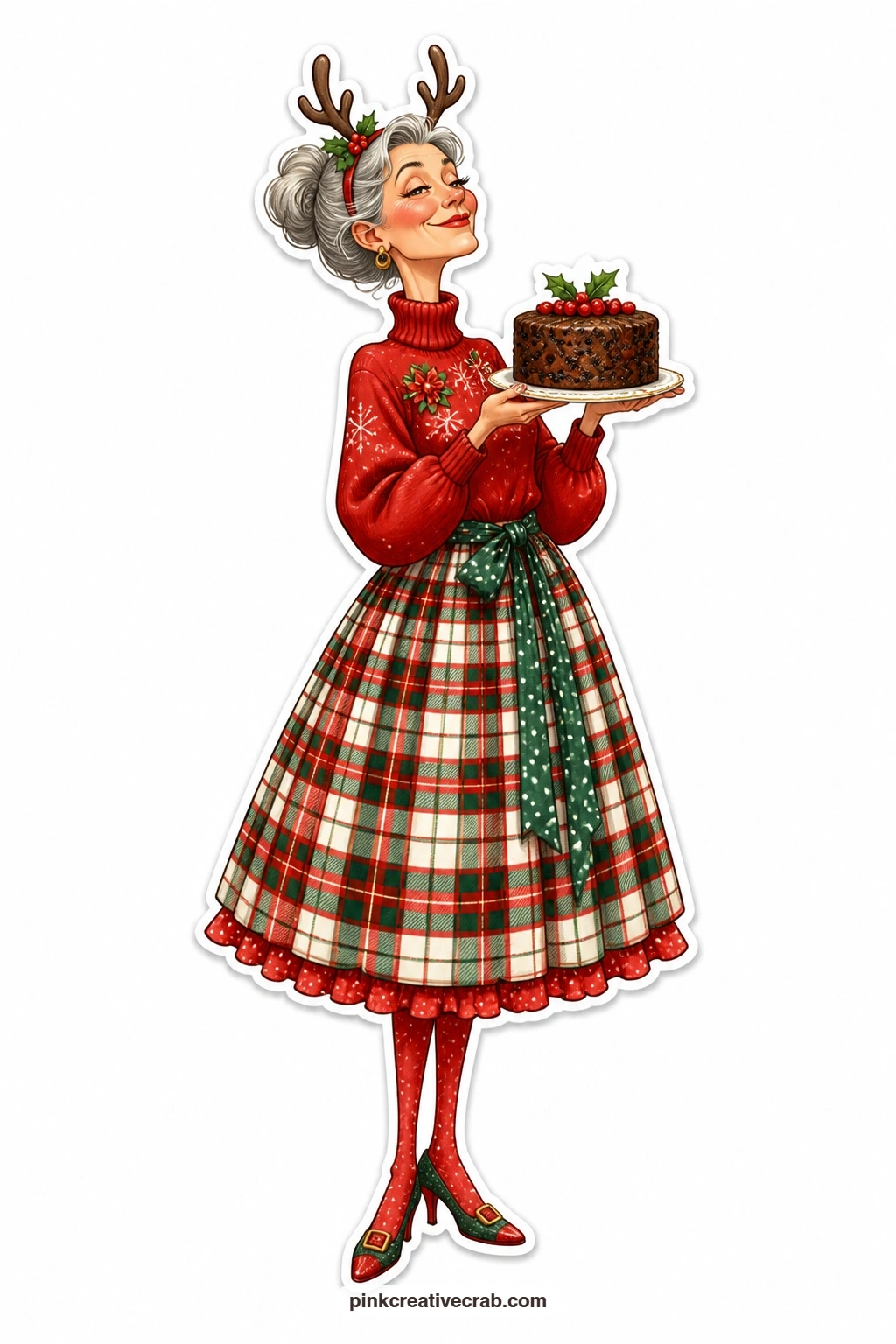 The Fruitcake Carrier printable page — proud and upright, a woman in a reindeer antler headband carries a dense fruitcake with both hands, treating it like the