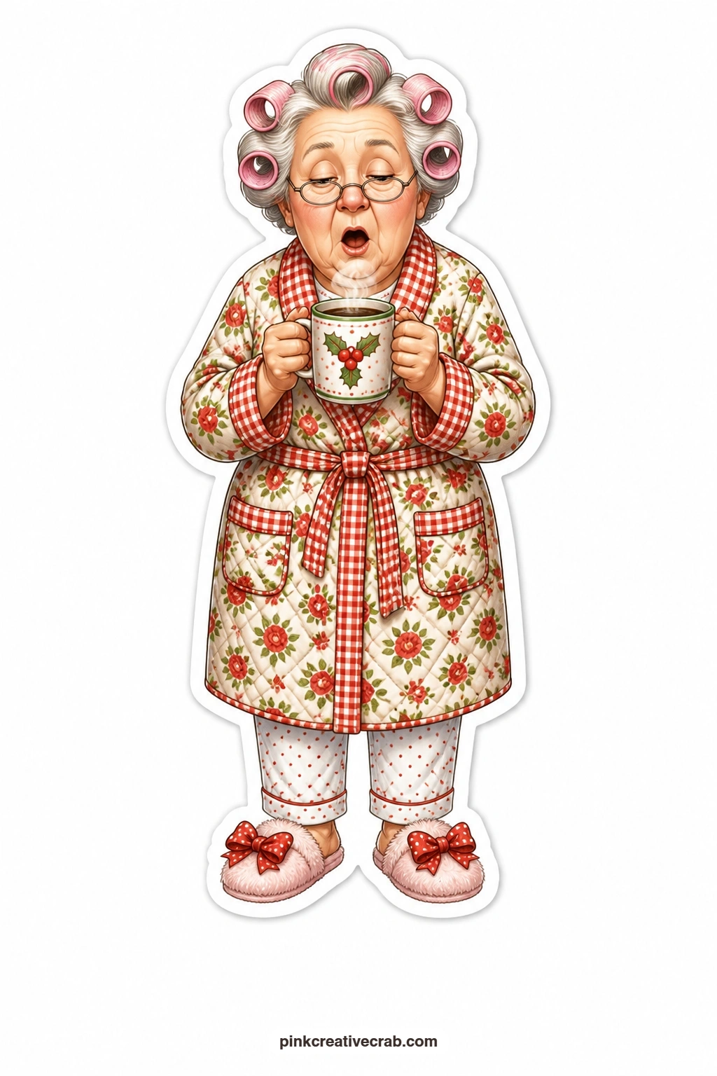 The Christmas Morning Coffee printable page — still half asleep, a lady in curlers and a quilted robe cradles her coffee cup on Christmas morning, clearly not