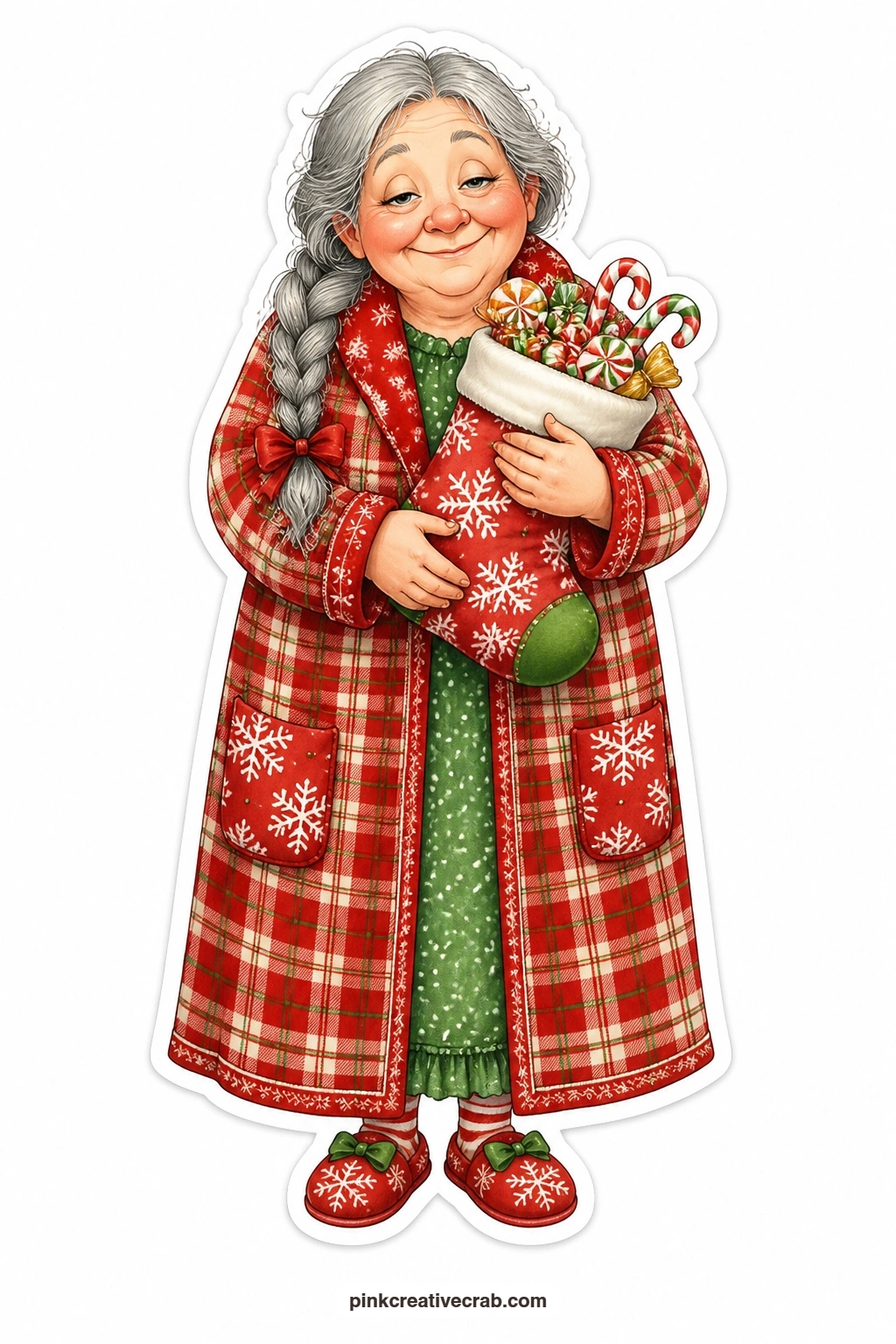 The Stocking Full of Candy printable page — sleepy-eyed in a long flannel robe, this lady holds up a stocking stuffed with candy, peeking inside with a tired