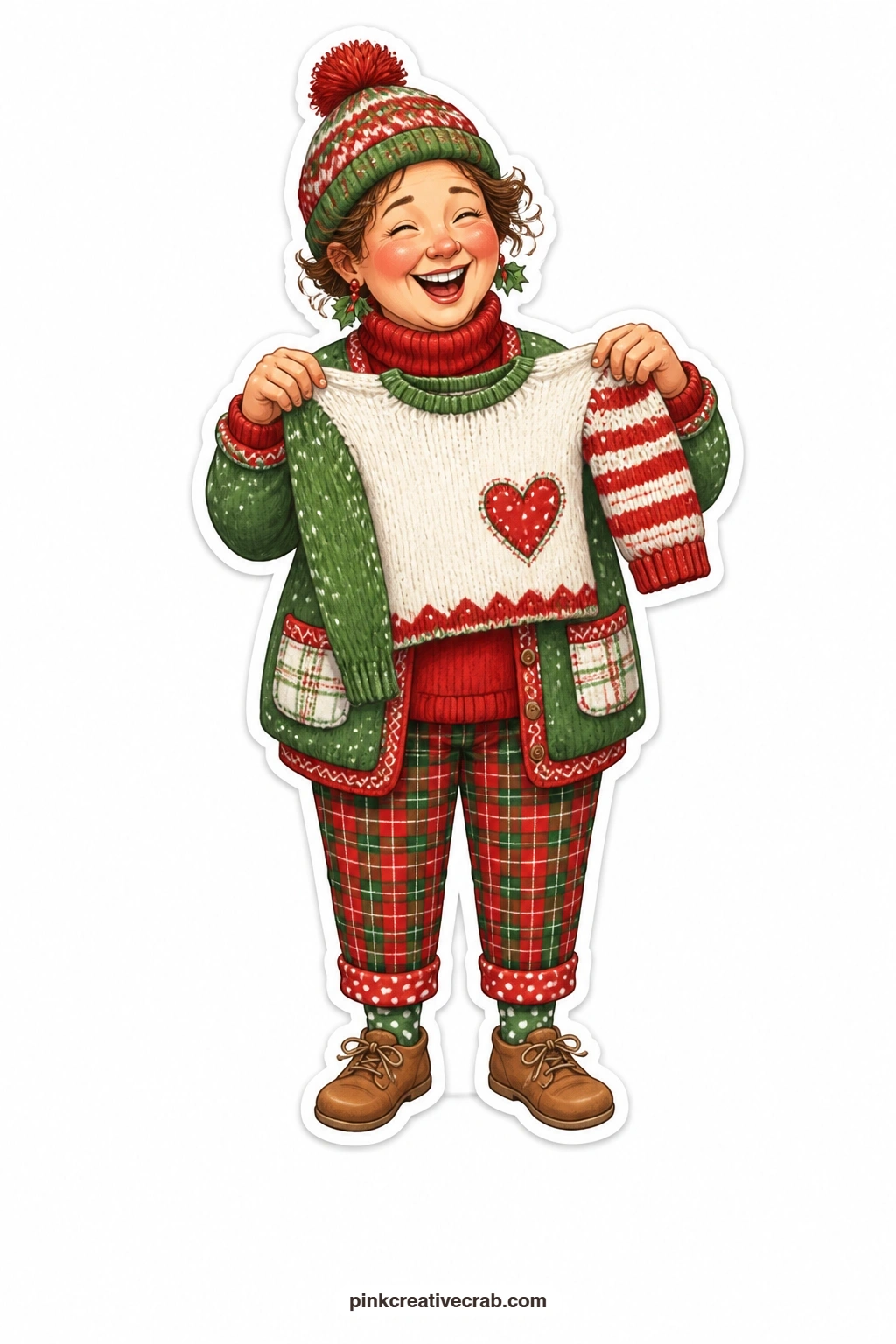 The Sweater With Uneven Sleeves printable page — laughing at her own handiwork, a woman in a knitted hat holds up a homemade sweater with one sleeve clearly