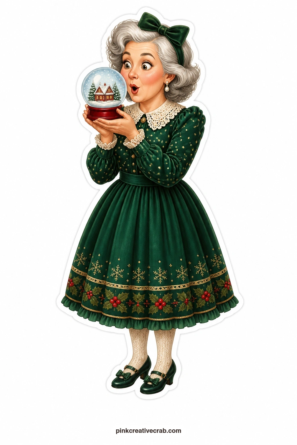 The Snow Globe Wonder printable page — amazed by the tiny scene inside, a woman in a velvet bow headband holds a snow globe up to the light, watching the