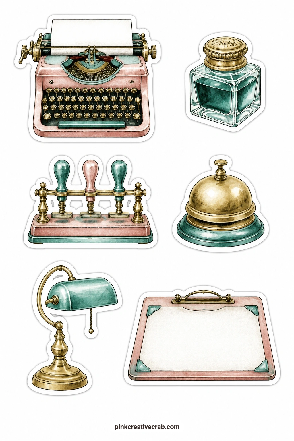 Old Desk Stickers printable page — A typewriter, an inkwell, a stamp holder, a desk bell, a brass lamp and a blotter fill this sheet, the small furnishings of