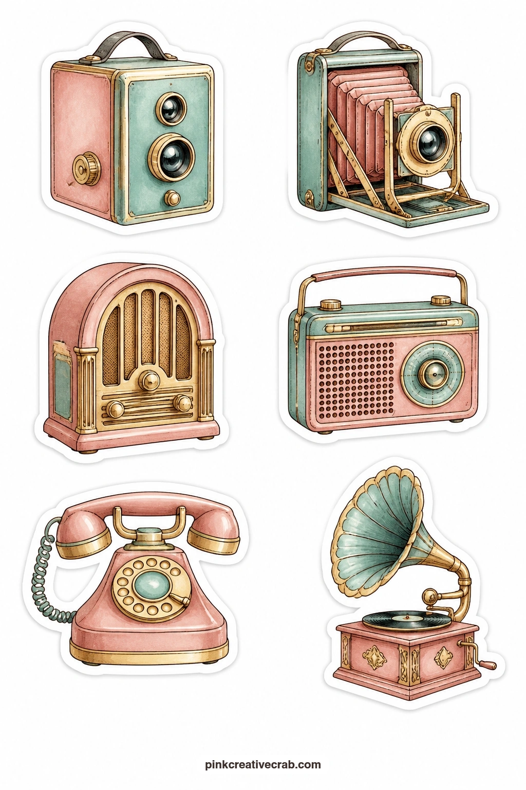 Cameras and Radios Stickers printable page — Set a box camera, a folding camera, a tube radio, a transistor radio, a rotary phone and a gramophone on one