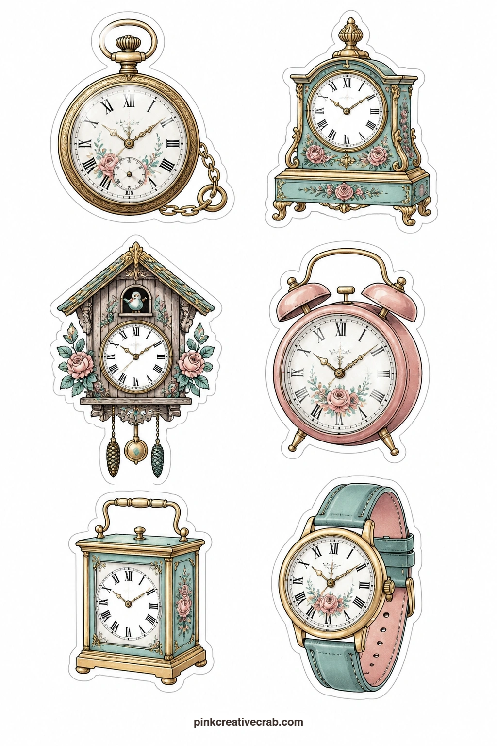 Pocket Watches and Clocks Stickers printable page — Print this one on sticker paper if you want it to hold its shape on a round planner cover, since the