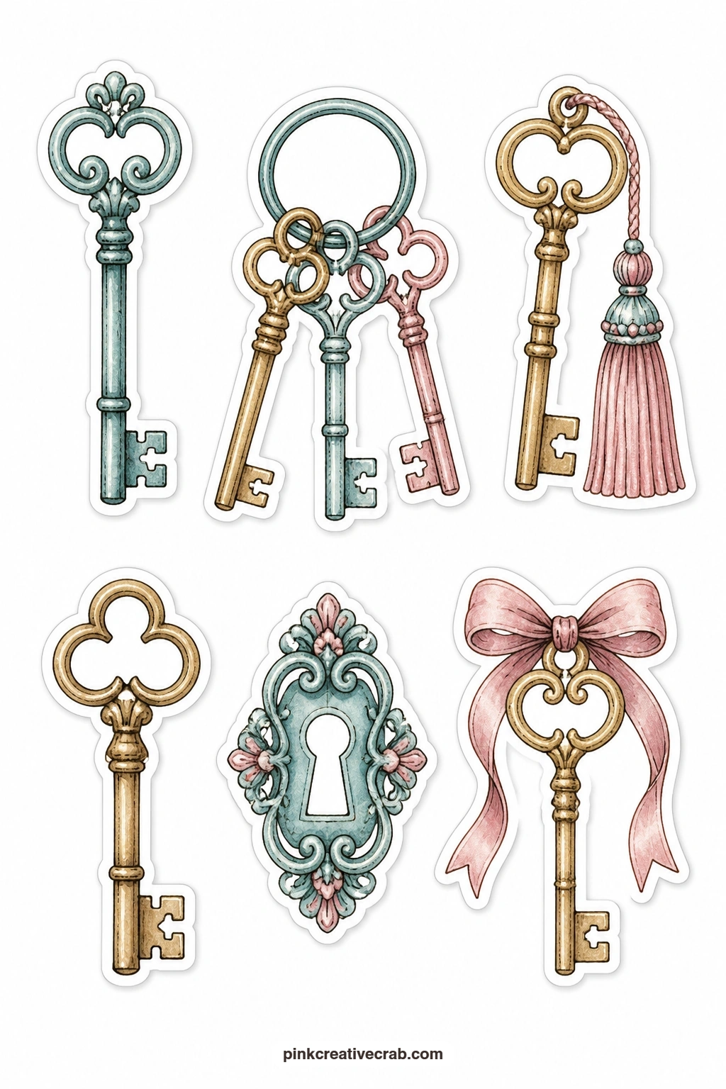 Vintage Keys Stickers printable page — A skeleton key, a key ring, a key with a tassel, a brass key, a keyhole plate and a key on a ribbon sit on this sheet