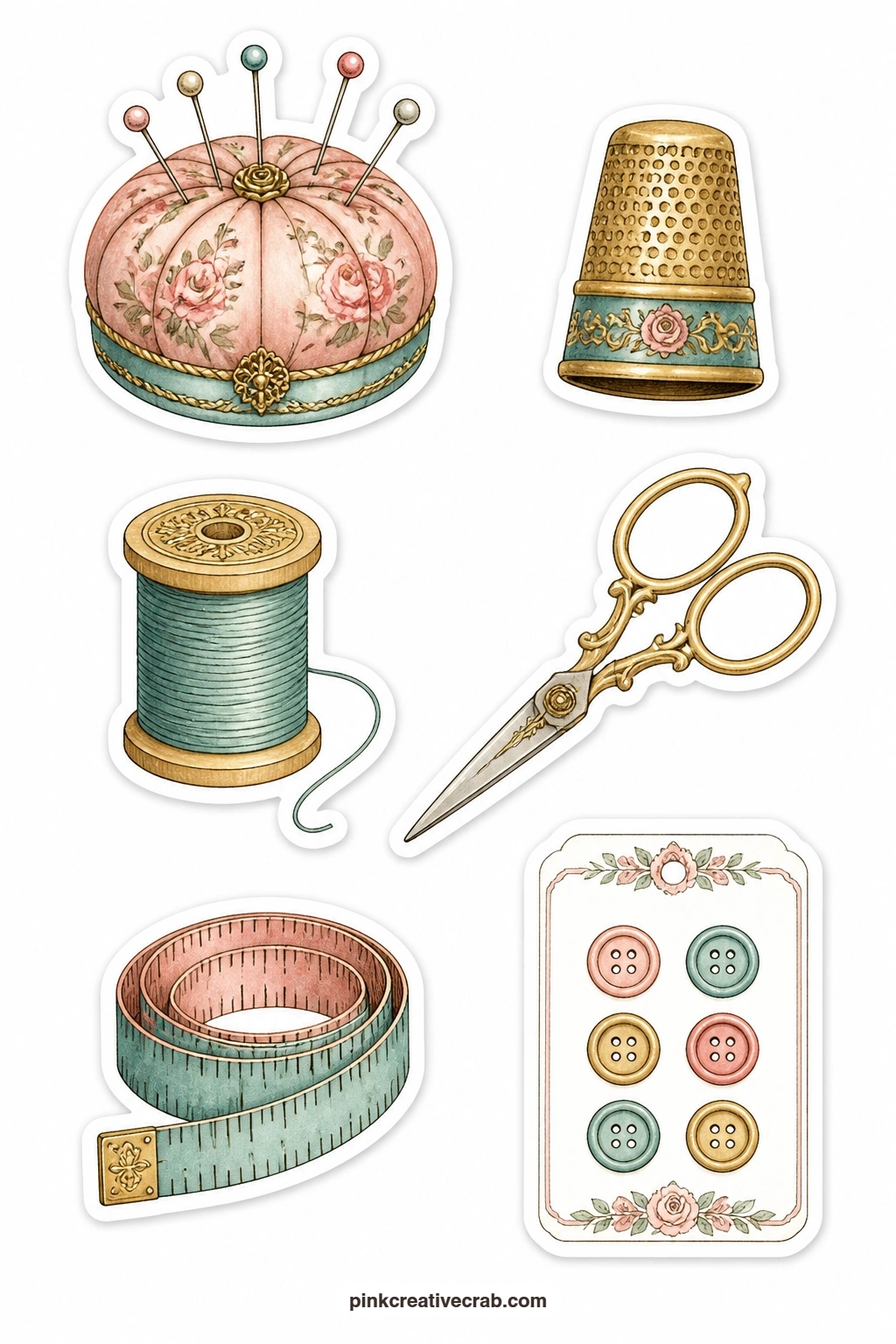 Sewing Notions Stickers printable page — Use a craft knife rather than scissors for the loop of the thimble and the small gap in the shears, since those tight