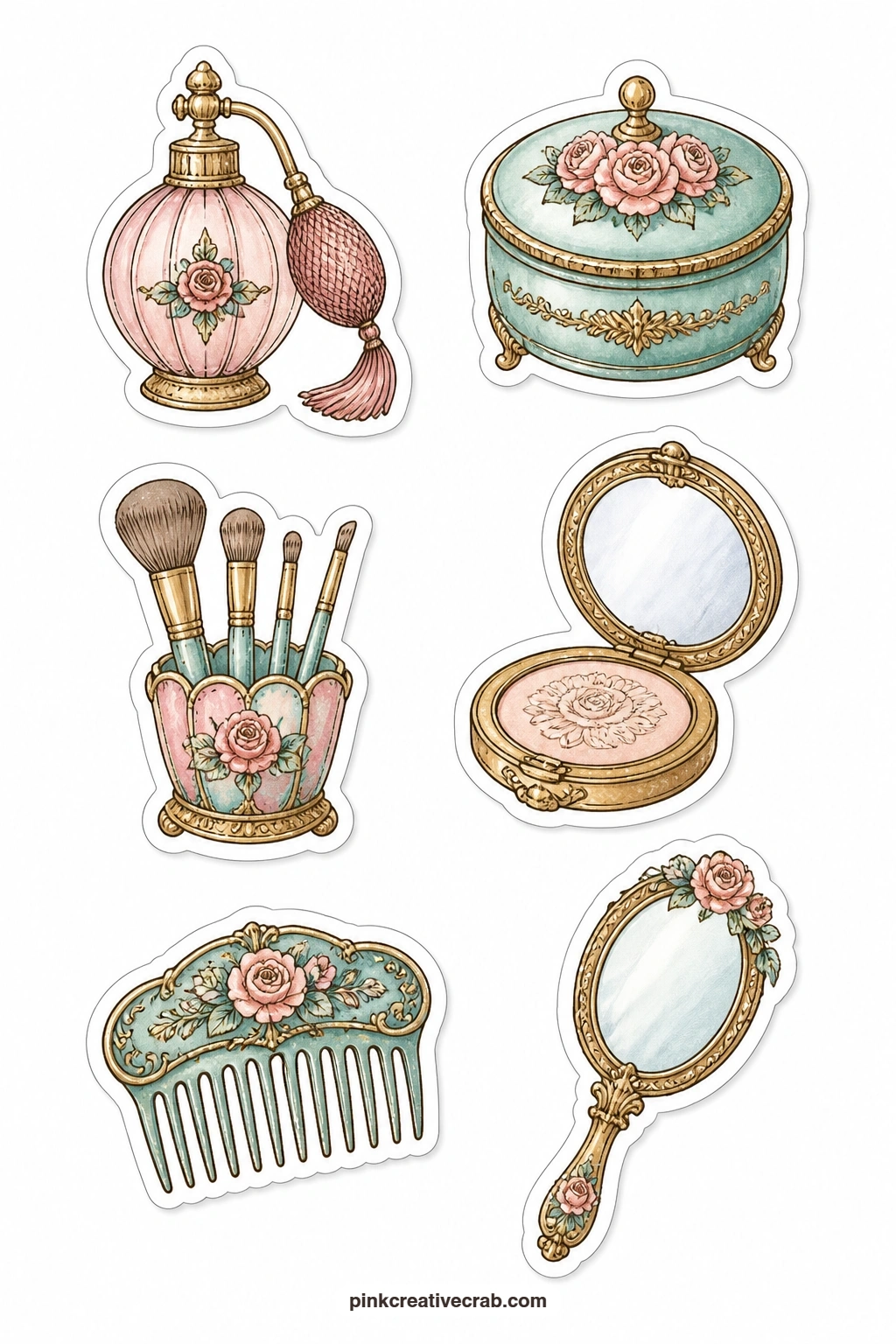 Perfume and Vanity Stickers printable page — A perfume atomizer, a powder box, a brush set, a compact, a hair comb and a hand mirror fill this vanity-table