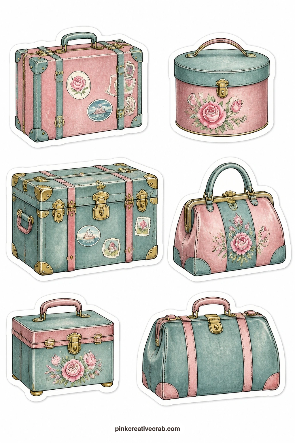 Vintage Luggage Stickers printable page — A suitcase, a hatbox, a steamer trunk, a carpet bag, a train case and a doctor bag give you six pieces of