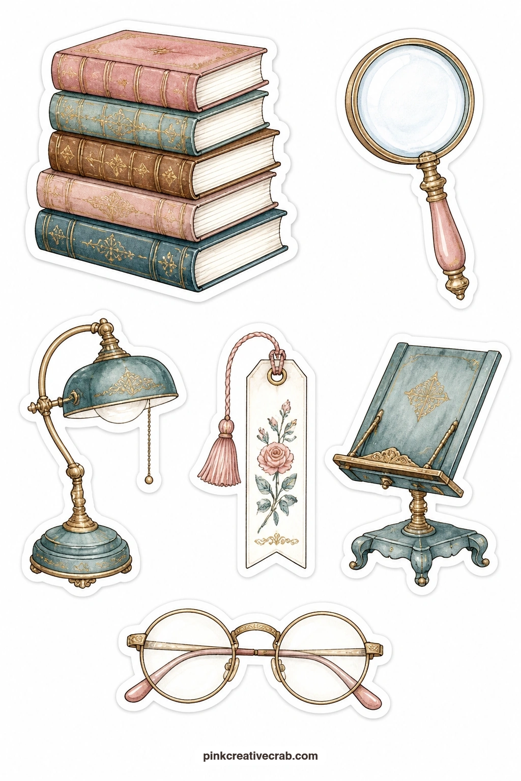 Old Books and Reading Stickers printable page — A stack of leather books, a magnifying glass, a reading lamp, a bookmark, a book stand and a pair of spectacles