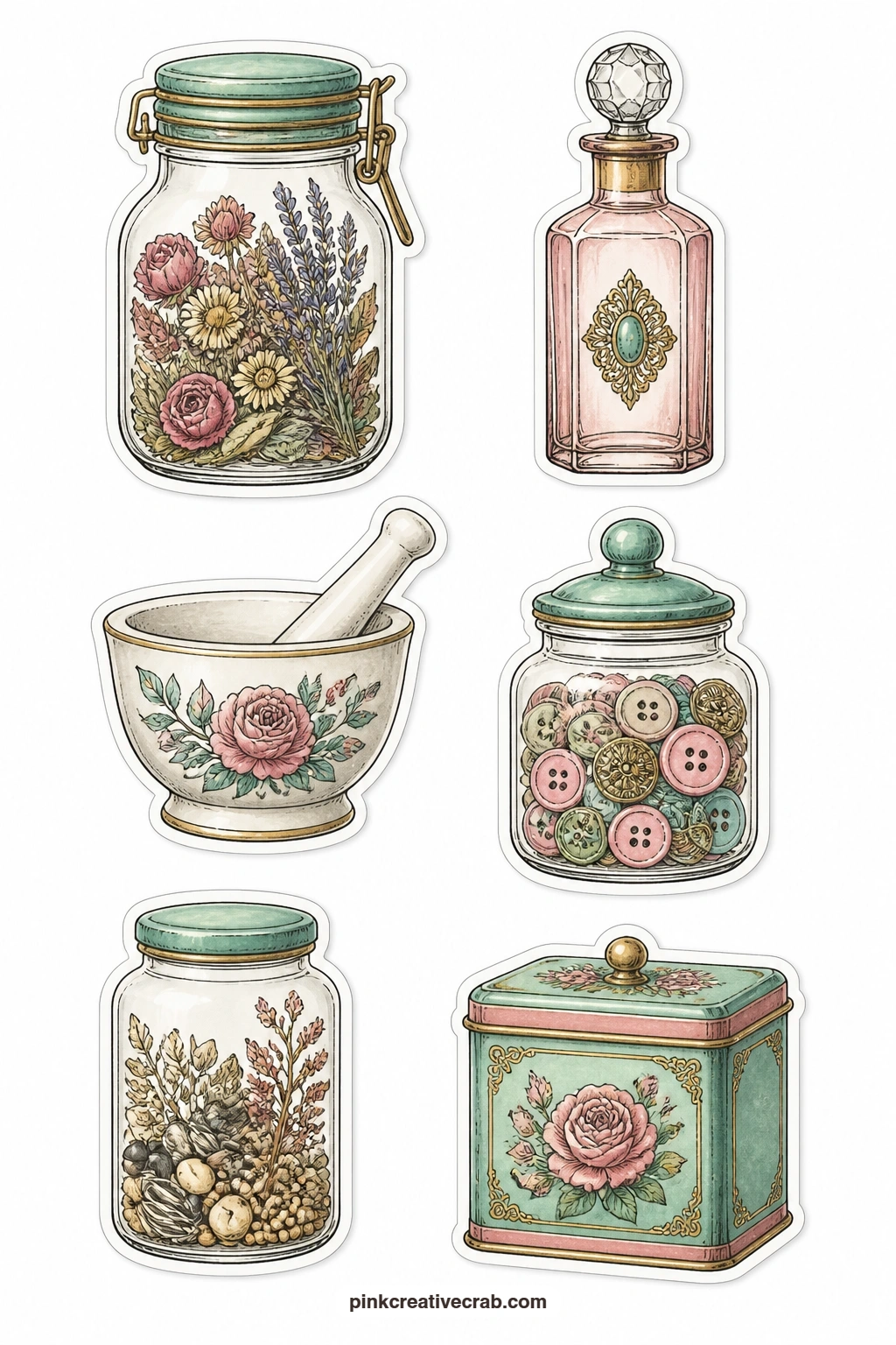 Apothecary Jars Stickers printable page — A jar of dried herbs, an apothecary bottle, a mortar and pestle, a jar of buttons, a seed jar and a spice tin make up