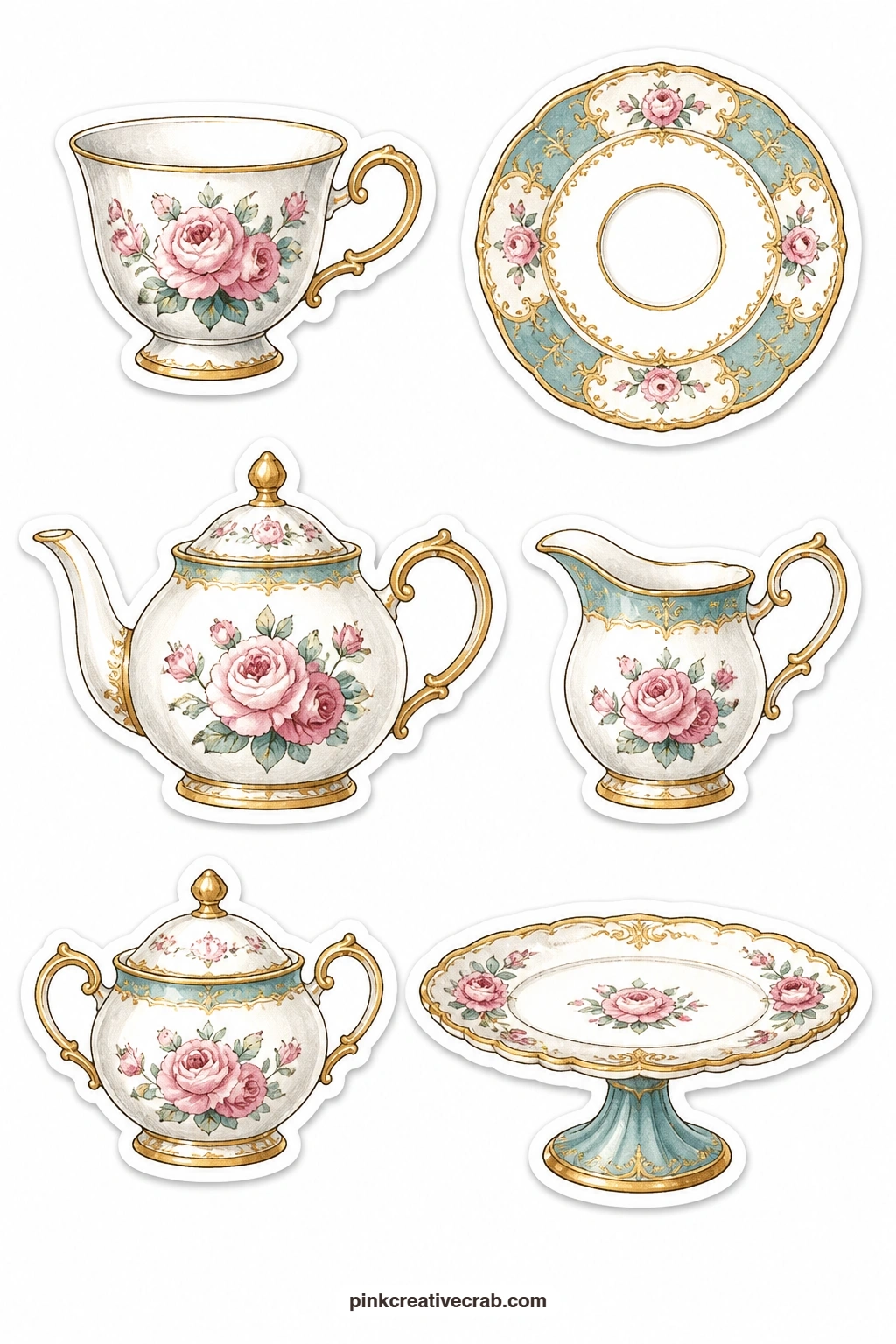 Teacups and China Stickers printable page — Set a rose teacup, a gilded saucer, a teapot, a creamer, a sugar bowl and a cake plate on an envelope flap or along