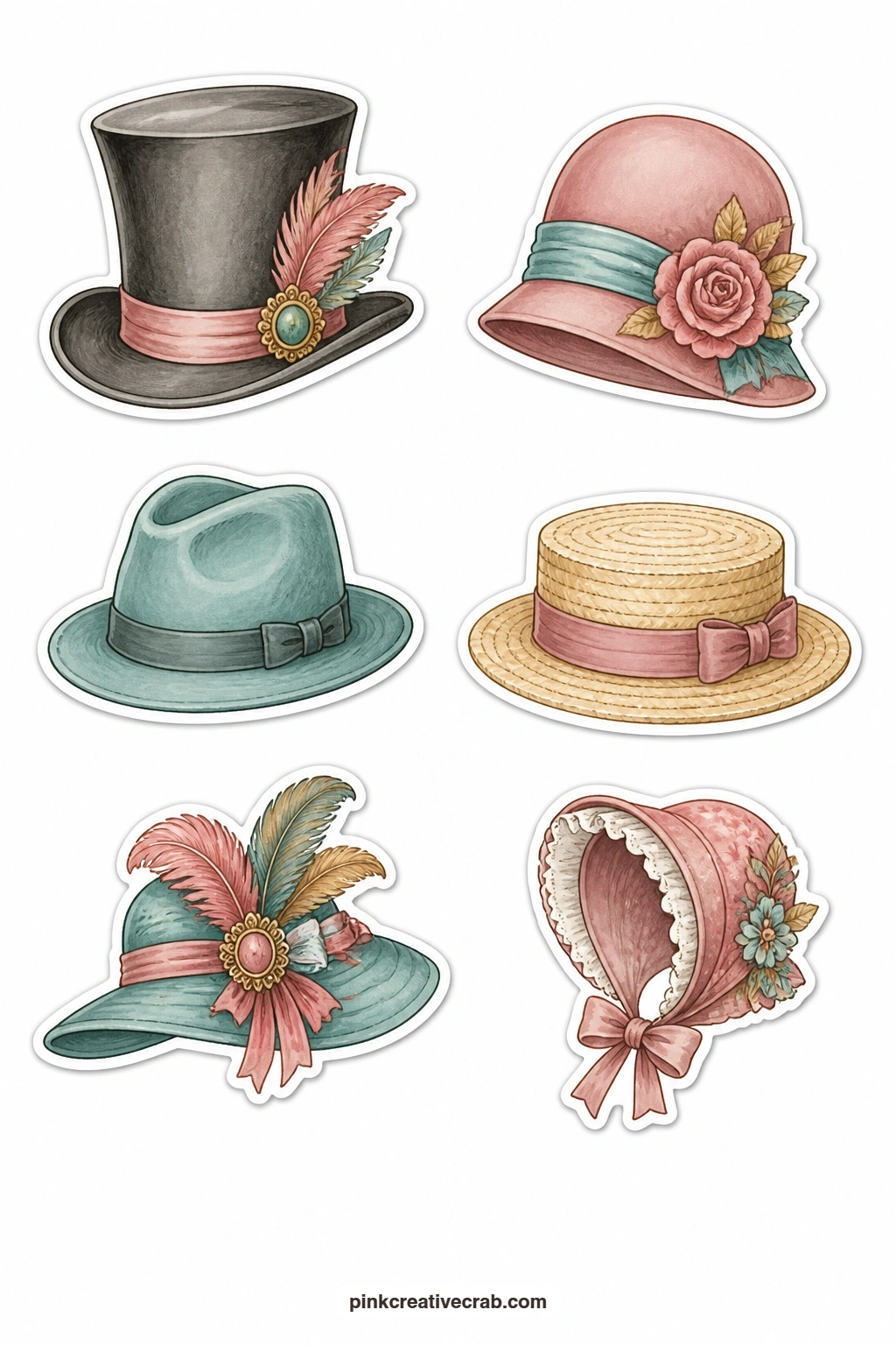 Vintage Hats Stickers printable page — A top hat, a cloche, a fedora, a straw boater, a feathered hat and a bonnet give this sheet six silhouettes of