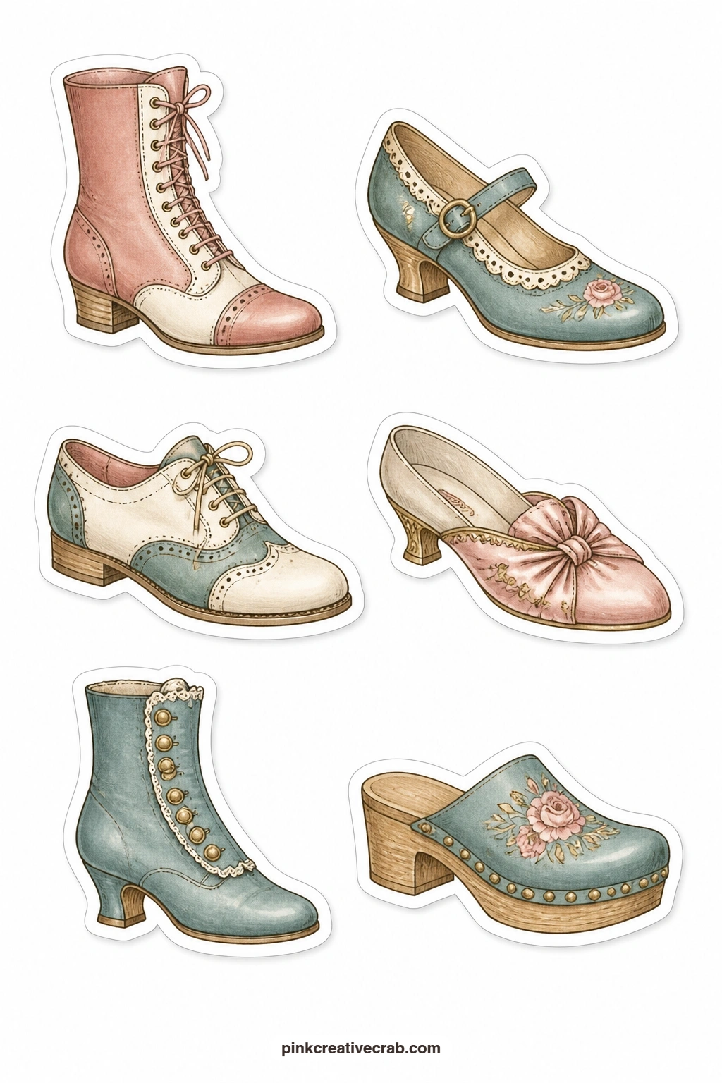 Vintage Shoes Stickers printable page — A lace-up boot, a mary jane, a two-tone oxford, a satin slipper, a button boot and a clog sit on this sheet, six shoe