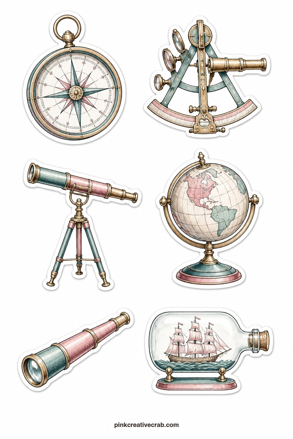 Navigation Tools Stickers printable page — A compass, a sextant, a telescope, a globe, a spyglass and a ship in a bottle make up this sheet of six seafaring