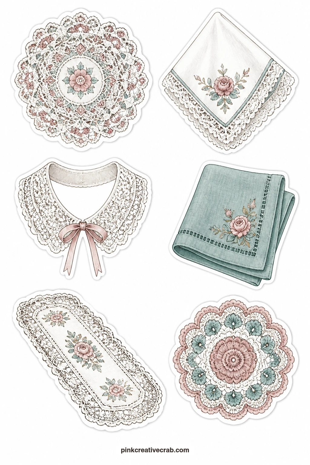 Lace and Linens Stickers printable page — Cut the scalloped edges of the lace doily and the lace collar slowly, since those tight little curves are where most