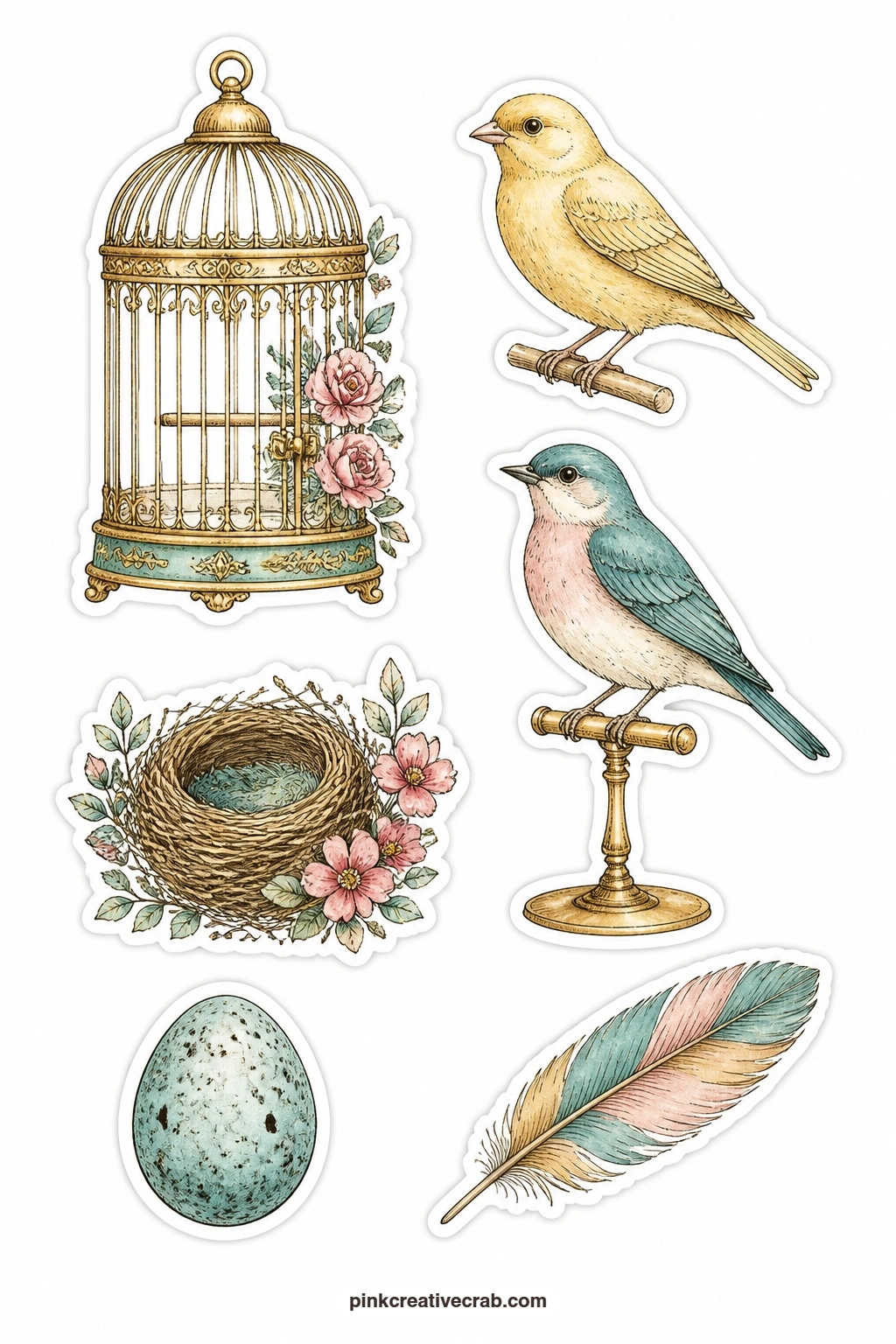Birds and Cages Stickers printable page — A gilded birdcage, a canary, a songbird on a perch, a bird nest, a speckled egg and a feather make a gentle six-piece
