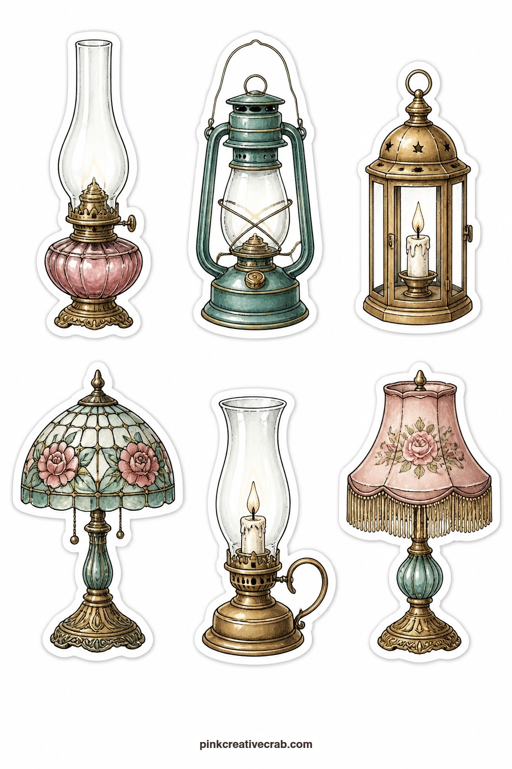 Antique Lamps Stickers printable page — An oil lamp, a gas lamp, a candle lantern, a stained glass lamp, a hurricane lamp and a lamp with a fringe shade light