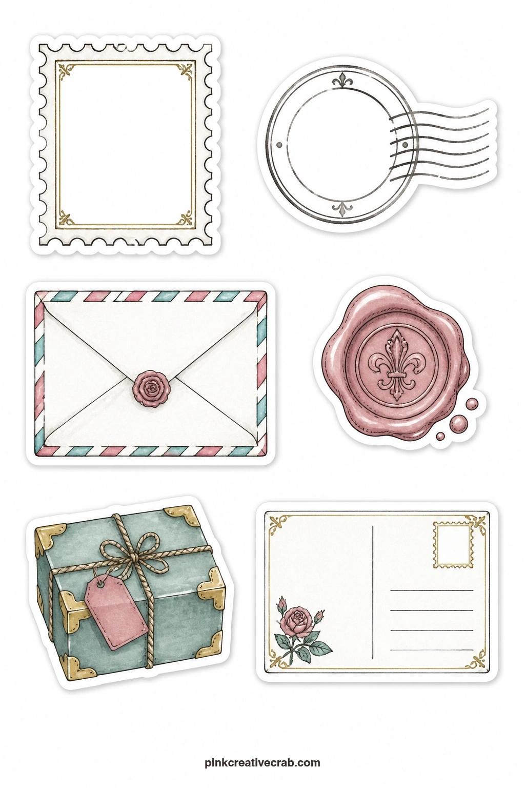 Old Postage Stickers printable page — A blank postage stamp, a postmark circle, an airmail envelope, a wax seal, a parcel and a postcard sit on this sheet, six