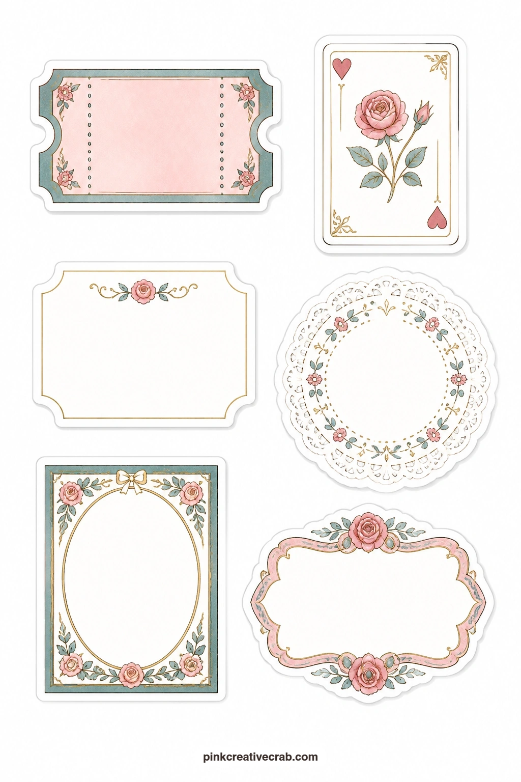 Paper Pieces Stickers printable page — A ticket stub, a playing card, a blank calling card, a paper doily, a bookplate frame and a label frame make up this