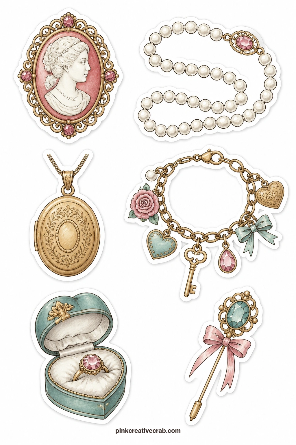 Jewelry Box Stickers printable page — A cameo brooch, a strand of pearls, a gold locket, a charm bracelet, a ring box and a hat pin fill this sheet, six small