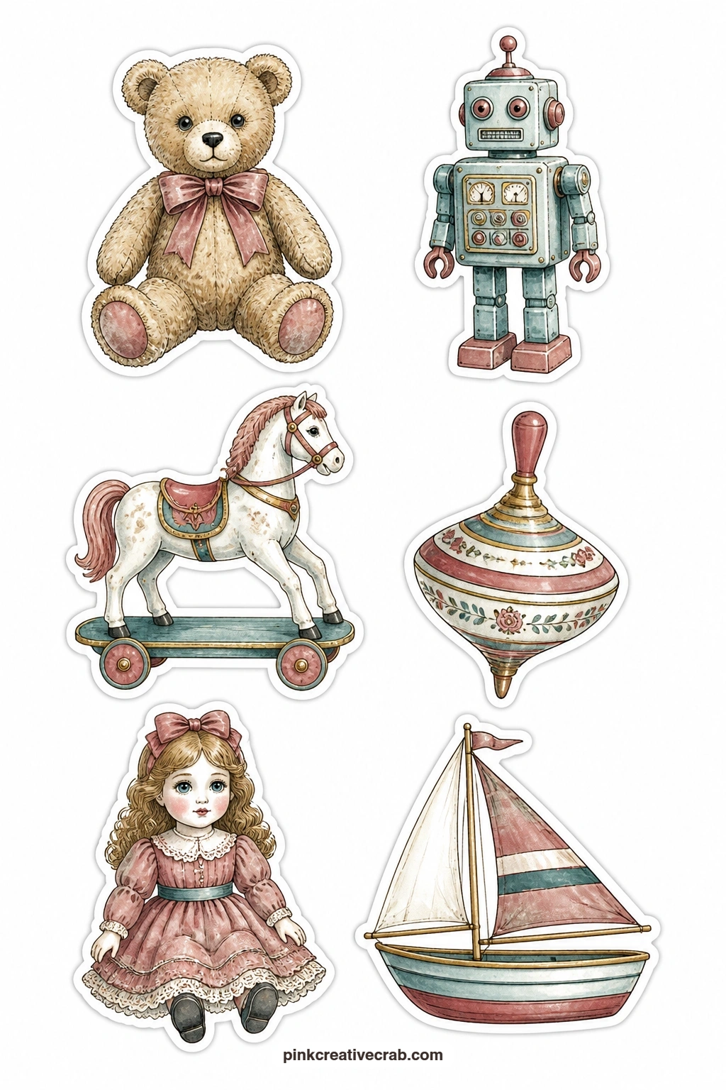 Old Toys Stickers printable page — A teddy bear, a tin robot, a wooden horse, a spinning top, a porcelain doll and a toy sailboat sit on this sheet, six