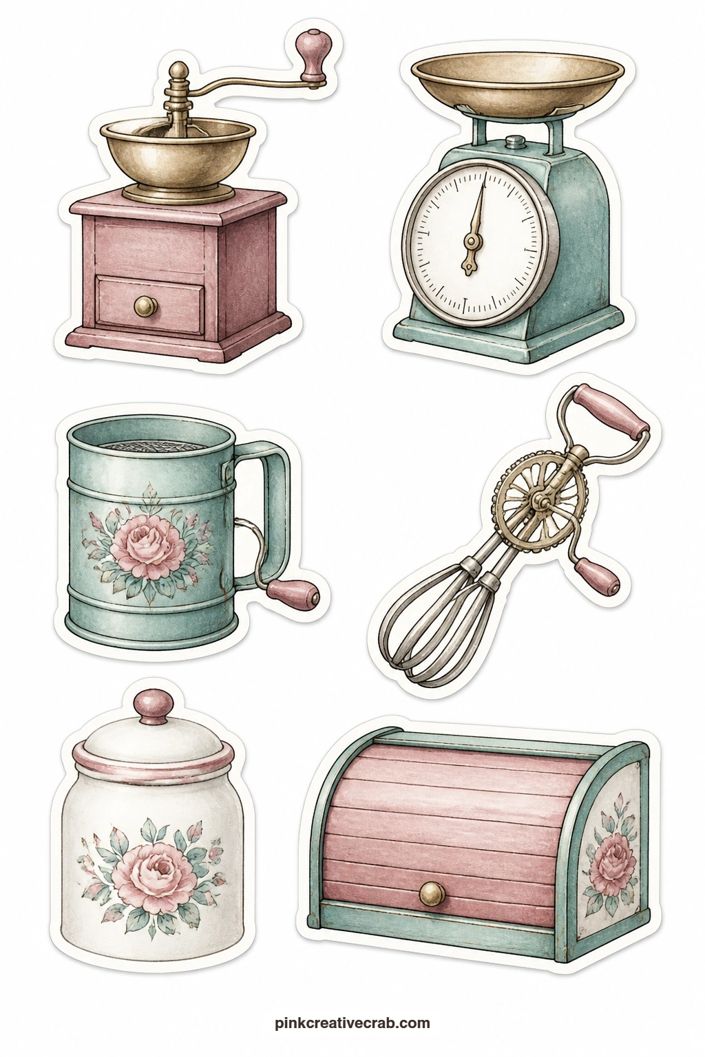 Vintage Kitchen Stickers printable page — A coffee grinder, a kitchen scale, a flour sifter, an egg beater, a cookie jar and a bread box round out this sheet